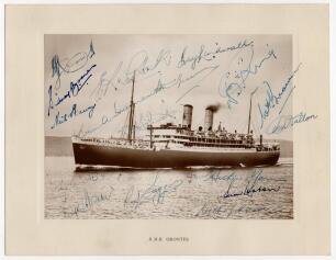 Australian tour of England 1948. Official Orient Line &lsquo;R.M.S. Orontes&rsquo; photograph of the ship which brought the Australian team to England in 1948. The photograph laid down to official mount with printed title below. Nicely signed to photograph in ink by 