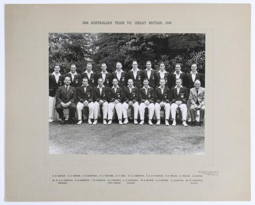 &lsquo;20th Australian Team to Great Britain 1948&rsquo;. Original official mono photograph of the Australian touring party, standing and seated in rows, wearing tour blazers. The photograph laid down to official photographer&rsquo;s mount. Printed title to top border and 