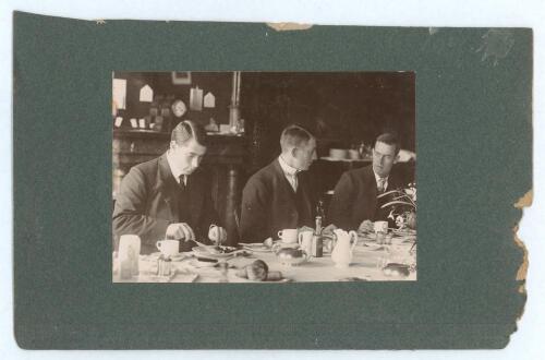 Australia circa 1905. Two original mono photographs, taken by Frank Laver who was a member and team Manager of the Australian 1905 tour of England, one of Victor Trumper, Warwick Armstrong and Clem Hill in shirts and ties sitting at a dining table eating 