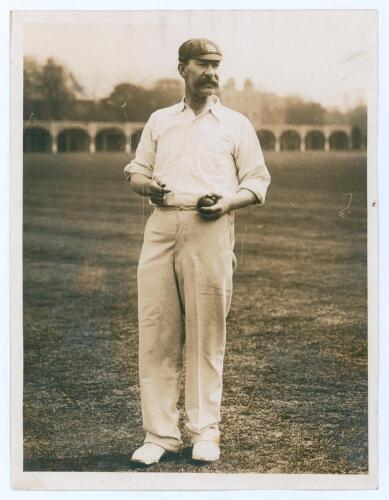 Albert Edwin Trott. Victoria, Middlesex, London County, Australia & England 1892-1910. Early original sepia press photograph from 1914 of Trott standing in cricket attire, ball in hand wearing a Middlesex cap. The caption to verso describes Trott being cr