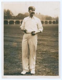 Albert Edwin Trott. Victoria, Middlesex, London County, Australia & England 1892-1910. Early original sepia press photograph from 1914 of Trott standing in cricket attire, ball in hand wearing a Middlesex cap. The caption to verso describes Trott being cr
