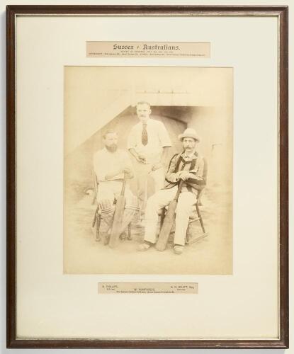 &lsquo;Sussex v. Australians&rsquo; 1884. Original and early sepia photograph of the three Sussex players who played starring roles in the drawn tour match that took place at Hove, 24th- 26th July 1884. The players featured are H. Phillips and G.N. Wyatt, both seated
