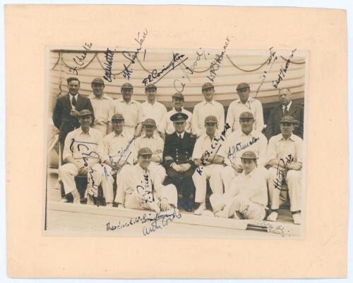 Sir T.E.W. Brinckman&rsquo;s tour to South America 1937/38. Original sepia photograph of the touring party on board the S.S. Arlanza, the players wearing cricket attire and tour caps. The photograph nicely signed in black ink by all sixteen members of the touri
