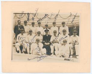 Sir T.E.W. Brinckman&rsquo;s tour to South America 1937/38. Original sepia photograph of the touring party on board the S.S. Arlanza, the players wearing cricket attire and tour caps. The photograph nicely signed in black ink by all sixteen members of the touri
