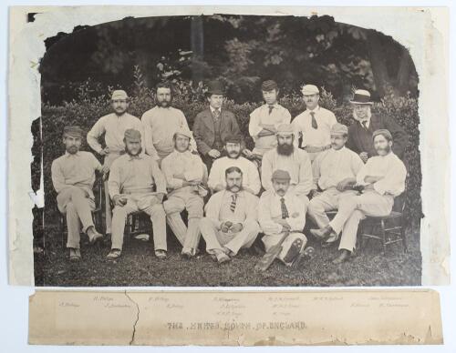 United South of England Cricket Team at Chichester 1871. Excellent rare, very early and large original mono photograph of fifteen members of the United South of England team seated and standing in rows wearing cricket attire and assorted caps for the matc