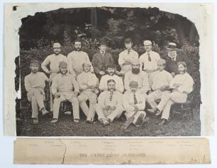United South of England Cricket Team at Chichester 1871. Excellent rare, very early and large original mono photograph of fifteen members of the United South of England team seated and standing in rows wearing cricket attire and assorted caps for the matc