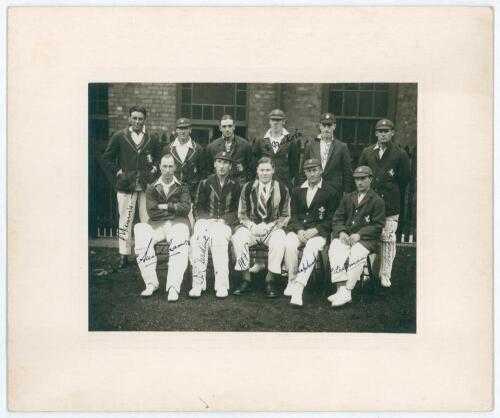 North v South (Test trial) 1927. Original mono photograph of the South team who played the North at Bramall Lane on the 25th to 28th June 1927. The players, standing and seated in rows, wearing blazers and caps. Signed to the image in ink by all eleven me