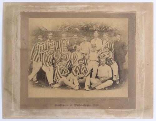 &lsquo;Gentlemen of Philadelphia, 1889&rsquo;. Early original sepia photograph of the sixteen members of the Philadelphia team who toured England in 1889. The players are seated and standing in rows wearing cricket attire, the majority in striped blazers. The photogr