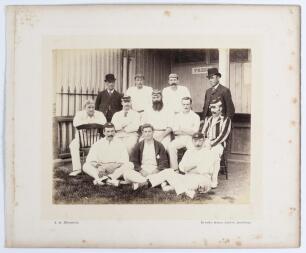 South v North 1892. Excellent early original mono photograph of ten members of the South team seated and standing in rows wearing cricket attire for the match played at Hastings 8th- 9th September 1892. Players featured are W.G. Grace (Captain), R. Abel, 