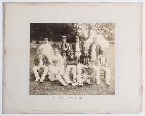 &lsquo;South of England v. Australia 1896. Excellent early original sepia photograph of the eleven members of the South team for the match played 21st- 23rd May 1896 at The Saffrons, Eastbourne. The players seated and standing in rows wearing cricket attire and