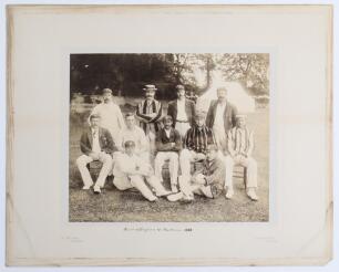 &lsquo;South of England v. Australia 1896. Excellent early original sepia photograph of the eleven members of the South team for the match played 21st- 23rd May 1896 at The Saffrons, Eastbourne. The players seated and standing in rows wearing cricket attire and