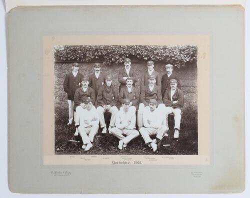&lsquo;Yorkshire County Cricket Team. Season 1905&rsquo;. Excellent early official mono photograph of the Yorkshire team seated and standing in rows wearing cricket attire, caps and blazers. Players are Lord Hawke (Captain), Hirst, Smith, Tunnicliffe, Haigh, Myers, D