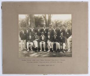M.C.C. tour of South Africa 1922/23. Original sepia photograph of the M.C.C. touring team to South Africa 1922/23, standing and seated in rows wearing cricket attire and tour blazers, some in caps. Players featured are Mann (Captain), Gilligan, Fender, Ca
