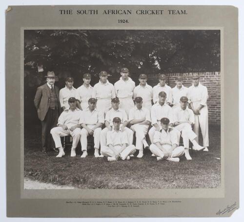 &lsquo;The South African Cricket Team 1924&rsquo;. Large and impressive sepia photograph of the South African touring team to England in 1924, seated and standing in rows, wearing cricket attire and tour caps. The photograph is laid down to official photographers mou