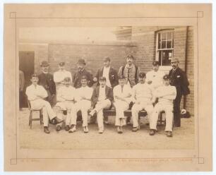 Surrey C.C.C. 1886. Early original sepia photograph of the Surrey team and officials seated and standing in rows, the players wearing cricket attire, caps, some in blazers. The photograph taken prior to their match against Nottinghamshire, 14th June 1886.