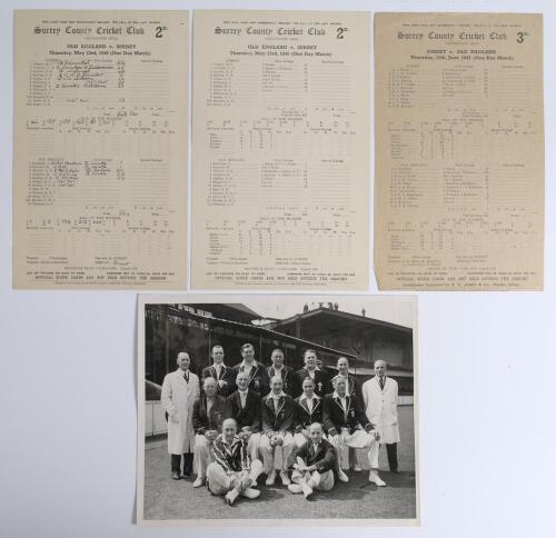 Old England v Surrey 1946. Original mono press photograph of the Old England team who played Surrey at the Oval, 23rd May 1946. Players are Percy Fender, Douglas Jardine, Patsy Hendren, Herbert Sutcliffe, Frank Woolley, Donald Knight, Tich Freeman, Errol 