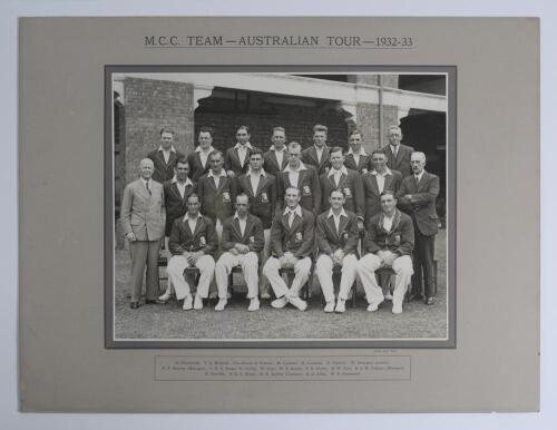 Bodyline. &lsquo;M.C.C. Team- Australian Tour- 1932-33&rsquo;. Large and impressive official mono photograph of the M.C.C. touring party who toured Australia in 1932/33. The team, standing and seated in rows, wearing M.C.C. touring blazers and cricket attire. The pho