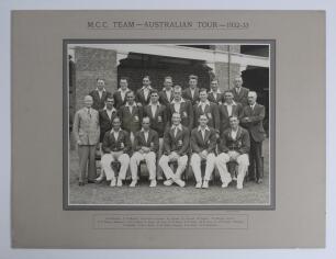 Bodyline. &lsquo;M.C.C. Team- Australian Tour- 1932-33&rsquo;. Large and impressive official mono photograph of the M.C.C. touring party who toured Australia in 1932/33. The team, standing and seated in rows, wearing M.C.C. touring blazers and cricket attire. The pho