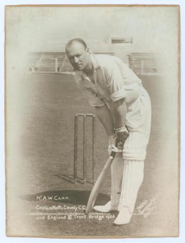 &lsquo;Mr A.W. Carr. Captain. Notts County C.C. and England XI. Trent Bridge 1926. Original photograph of Carr, taken at Trent Bridge. The photograph by J. Webb, Douglas Studio, Nottingham. Laid down to card. 6&rdquo;x8&rdquo;. Adhesive marks to card back otherwise in good