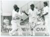 Sachin Ramesh Tendulkar. Bombay/ Mumbai, Yorkshire & India 1988-2014. Three original mono press photographs of Tendulkar, two in batting action pose by Allsport, the other celebrating a wicket with Hirwani by PA Sports. Each photograph signed by Tendulkar - 3