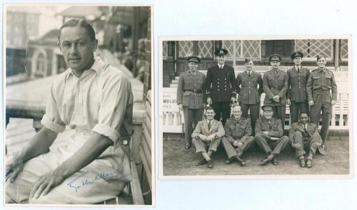 George Oswald Browning &lsquo;Gubby&rsquo; Allen. Middlesex, Cambridge University & England 1921-1950. Mono (restrike?) press photograph of Allen three quarter length wearing cricket attire, seated on the balcony at Lord&rsquo;s. Signed in blue ink to the photograph by All