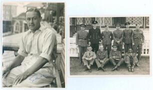 George Oswald Browning &lsquo;Gubby&rsquo; Allen. Middlesex, Cambridge University & England 1921-1950. Mono (restrike?) press photograph of Allen three quarter length wearing cricket attire, seated on the balcony at Lord&rsquo;s. Signed in blue ink to the photograph by All