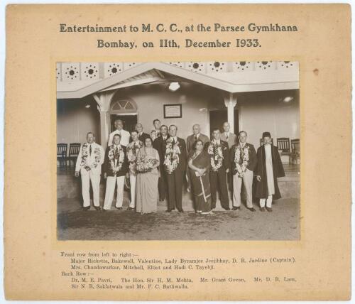 Bryan Herbert Valentine. Kent, Cambridge University & England 1927-1948. M.C.C. tour of India & Ceylon 1933-34&rsquo;. &lsquo;Entertainment to M.C.C. at the Parsee Gymkhana, Bombay on 11th December 1933&rsquo;. Official photograph of members of the M.C.C. team who are wear