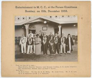 Bryan Herbert Valentine. Kent, Cambridge University & England 1927-1948. M.C.C. tour of India & Ceylon 1933-34&rsquo;. &lsquo;Entertainment to M.C.C. at the Parsee Gymkhana, Bombay on 11th December 1933&rsquo;. Official photograph of members of the M.C.C. team who are wear