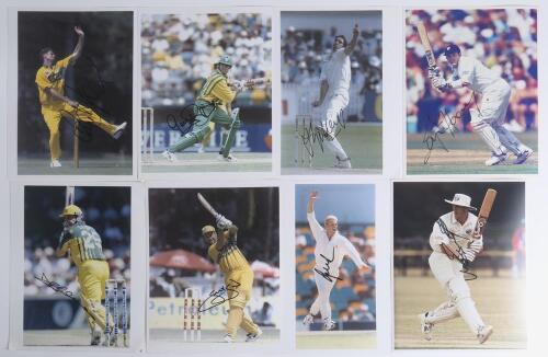 Australian Internationals signed photographs. Eight colour press photographs, each signed by the featured player. Signatures are Shane Warne, Stuart Law, Matthew Elliott, Darren Lehmann, Paul Reiffel, Greg Blewett, Jason Gillespie and Ian Harvey. Agencies