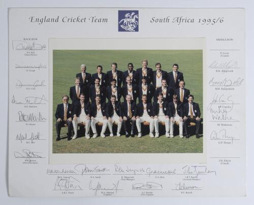 &lsquo;England Cricket Team. South Africa 1995/96&rsquo;. Official colour photograph of the England touring party seated and standing in rows wearing tour blazers. The photograph laid to official mount with printed title and players&rsquo; names. Signed to the mount in pen