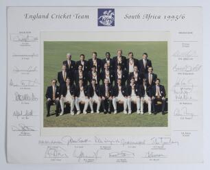 &lsquo;England Cricket Team. South Africa 1995/96&rsquo;. Official colour photograph of the England touring party seated and standing in rows wearing tour blazers. The photograph laid to official mount with printed title and players&rsquo; names. Signed to the mount in pen