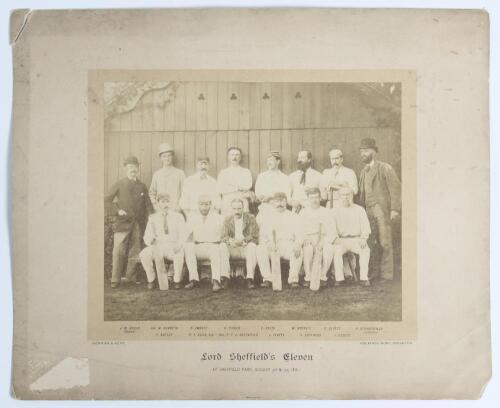 &lsquo;Lord Sheffield&rsquo;s Eleven at Sheffield Park, August 26 & 27, 1881&rsquo;. Early original sepia photograph of Lord Sheffield&rsquo;s team seated and standing in rows wearing cricket attire for the match v A. Shaw&rsquo;s XI, 26th- 27th August 1881. Players featured include E