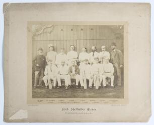 &lsquo;Lord Sheffield&rsquo;s Eleven at Sheffield Park, August 26 & 27, 1881&rsquo;. Early original sepia photograph of Lord Sheffield&rsquo;s team seated and standing in rows wearing cricket attire for the match v A. Shaw&rsquo;s XI, 26th- 27th August 1881. Players featured include E