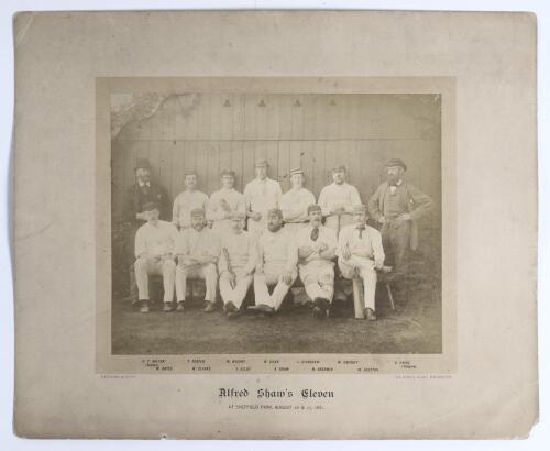 &lsquo;Alfred Shaw&rsquo;s Eleven&rsquo; 1881. Early original sepia photograph of Shaw&rsquo;s team, seated and standing in rows wearing cricket attire for the match v Lord Sheffield&rsquo;s XI at Sheffield Park, Uckfield on the 25th-27th August 1881. Players include Shaw (Captain) Gu