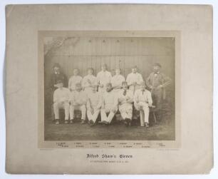 &lsquo;Alfred Shaw&rsquo;s Eleven&rsquo; 1881. Early original sepia photograph of Shaw&rsquo;s team, seated and standing in rows wearing cricket attire for the match v Lord Sheffield&rsquo;s XI at Sheffield Park, Uckfield on the 25th-27th August 1881. Players include Shaw (Captain) Gu