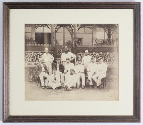 &lsquo;Lord Sheffield&rsquo;s Eleven 1884&rsquo;. Early original sepia photograph of Lord Sheffield&rsquo;s team who played the Australians at Sheffield Park, Uckfield, East Sussex on the 12th & 13th May 1884, standing and seated in rows wearing caps and cricket attire, some in 