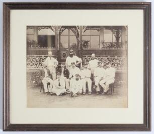 &lsquo;Lord Sheffield&rsquo;s Eleven 1884&rsquo;. Early original sepia photograph of Lord Sheffield&rsquo;s team who played the Australians at Sheffield Park, Uckfield, East Sussex on the 12th & 13th May 1884, standing and seated in rows wearing caps and cricket attire, some in 