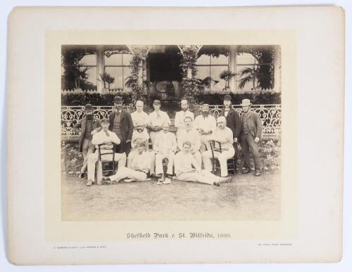 &lsquo;Sheffield Park v St. Wilfrids, 1886&rsquo;. Early original sepia photograph of the Sheffield Park team, seated and standing in rows, wearing cricket attire in front of the pavilion at Sheffield Park, Sussex, who played St. Wilfrid&rsquo;s on the 25th August 1886. Pl