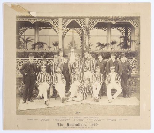 &lsquo;The Australians 1886&rsquo;. Original sepia photograph of the Australian team who played Lord Sheffield&rsquo;s Eleven at Sheffield Park, East Sussex on the 13th- 15th May 1886, standing and seated in rows wearing blazers, caps and cricket attire. The Australian Man