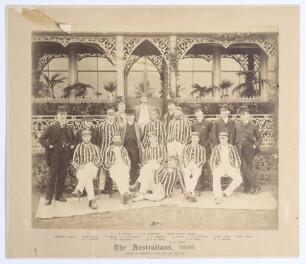 &lsquo;The Australians 1886&rsquo;. Original sepia photograph of the Australian team who played Lord Sheffield&rsquo;s Eleven at Sheffield Park, East Sussex on the 13th- 15th May 1886, standing and seated in rows wearing blazers, caps and cricket attire. The Australian Man