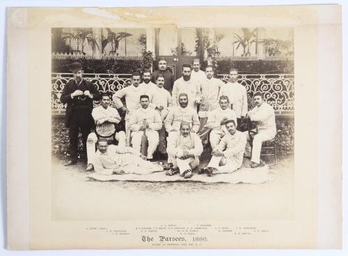 &lsquo;The Parsees&rsquo; (Bombay, India) 1886. Large original sepia photograph of the Parsees team who played the Sheffield Park team at Sheffield Park, East Sussex on the 24th & 25th May 1886, standing and seated, in rows wearing blazers, caps and cricket attire. T