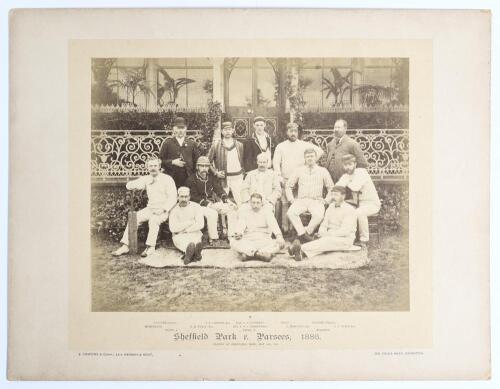 &lsquo;Sheffield Park v. Parsees [Bombay, India], 1886&rsquo;. Large original sepia photograph of the Sheffield Park team who played the Parsees at Sheffield Park, East Sussex on the 24th & 25th May 1886, standing and seated, in rows wearing blazers, caps and cricket