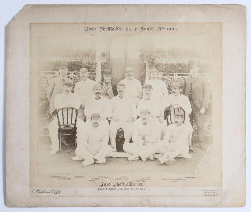 &lsquo;Lord Sheffield&rsquo;s XI v. South Africans&rsquo; 1894. Early and large original sepia photograph of Lord Sheffield&rsquo;s team who played the South Africans at Sheffield Park, East Sussex on the 22nd & 23rd May 1894, the players seated and standing in rows wearing caps