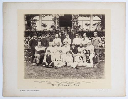 &lsquo;Rev. W. Summers&rsquo; Team&rsquo; and &lsquo;Mr. John Gilbert&rsquo;s Team&rsquo; 1886. Two early original sepia photographs of each team seated and standing in rows wearing cricket attire in front of the pavilion at Sheffield Park, for a match played 13th September 1886. The photog