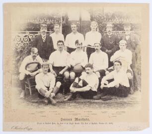 &lsquo;Sussex Martlets&rsquo; 1894. Early original sepia photograph of the Sussex Martlets football team seated and standing in rows in front of the pavilion wearing football attire for the match v Nottingham Forest hosted by the Earl of Sheffield at Sheffield Park, 