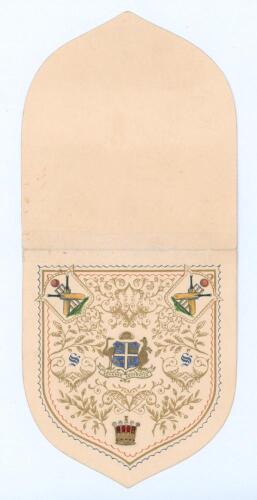 Earl of Sheffield&rsquo;s Eleven 1884. &lsquo;Cricket Match between the Australian Eleven and the Earl of Sheffield&rsquo;s Eleven in Sheffield Park on May 12th & 13th [1884]&rsquo;. Rare original shield-shaped folding admission ticket &lsquo;to the Private Marquee&rsquo;. The front with or