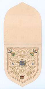 Earl of Sheffield&rsquo;s Eleven 1884. &lsquo;Cricket Match between the Australian Eleven and the Earl of Sheffield&rsquo;s Eleven in Sheffield Park on May 12th & 13th [1884]&rsquo;. Rare original shield-shaped folding admission ticket &lsquo;to the Private Marquee&rsquo;. The front with or