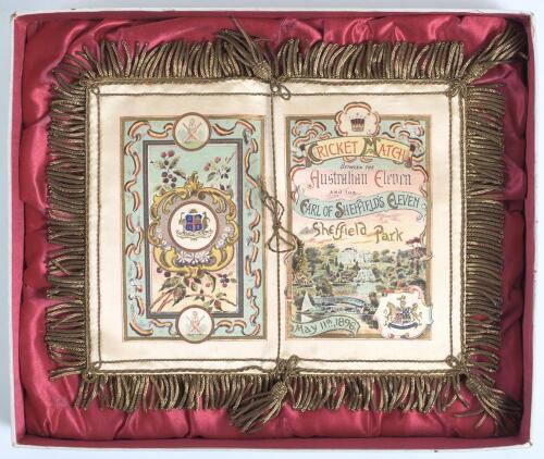 &lsquo;Cricket Match between the Australian Eleven and the Earl of Sheffield&rsquo;s Eleven 1896&rsquo;. A sumptuous silk luncheon menu produced for the visit of the Prince of Wales to the match played at Sheffield Park, Uckfield on the 11th to 13th May 1896. The exquisite