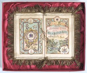 &lsquo;Cricket Match between the Australian Eleven and the Earl of Sheffield&rsquo;s Eleven 1896&rsquo;. A sumptuous silk luncheon menu produced for the visit of the Prince of Wales to the match played at Sheffield Park, Uckfield on the 11th to 13th May 1896. The exquisite