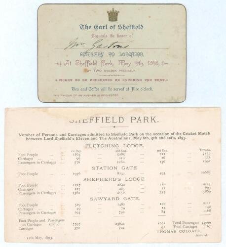 &lsquo;Earl of Sheffield&rsquo;s XI v Australians 1893&rsquo;. Rare original invitation card, &lsquo;The Earl of Sheffield requests the honor of Mr Gaston&rsquo;s [handwritten] company to Luncheon at Sheffield Park, May 9th 1893 at two o&rsquo;clock precisely. Ticket to be presented on ente